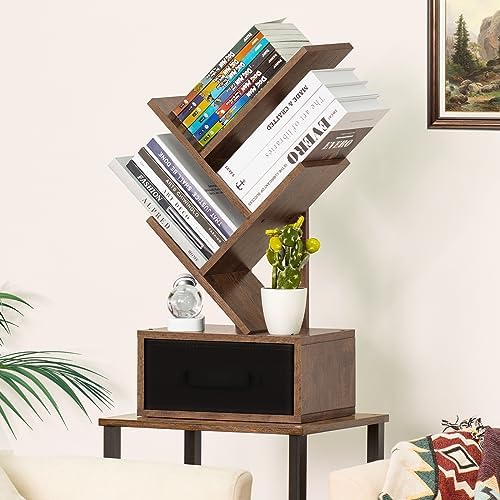 SHEEPAM 4-Tier Tree Bookshelf Small Bookcase with Drawer