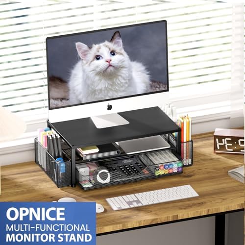 OPNICE Desk Organizer and Accessories, 2-Tier Computer Monitor Stand Riser with Drawer and 2 Pen Holders, Laptop Stand, 