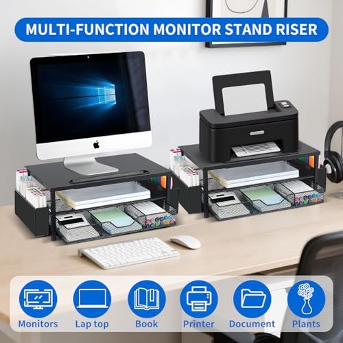 AUPSEN Wood Computer Monitor Stand Riser, 2-Tier Black Desk Organizer with Drawer, Pen Storage & Phone Holder ，Office De
