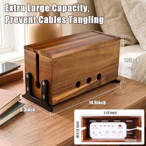 Extra Large Acacia Wood Cable Management Box, Pet Child Safe Cord Hider