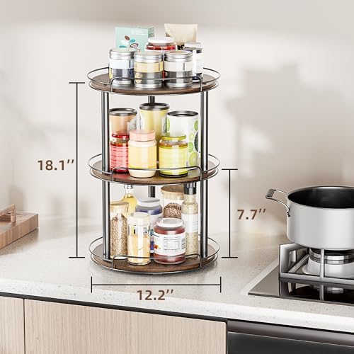 LAMU 12'' Wood Lazy Susan Turntable Organizer for Cabinet, 3 Tier Lazy Susan Spice Rack Organizer for Kitchen, Wood Turn