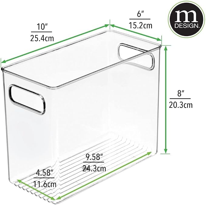 mDesign Plastic Modern Kitchen, Pantry Food Storage Container Bin w/ Handles - Cabinet, Fridge/Freezer, Countertop Organizer - Snacks/Drink/Appliances; Ligne Collection, Clear, 10x5x8 (Pack of 1)