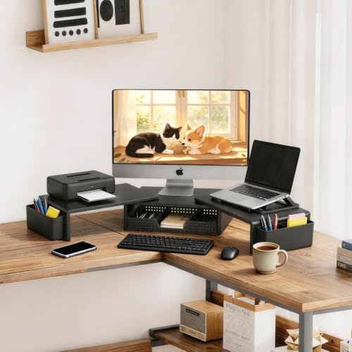 LEKETREE Dual Monitor Stand Riser with Drawer and 2 Pen Holders, Black