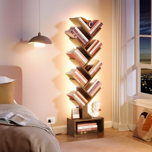 Hoctieon 9 Tier Tree Bookshelf, Tall Bookcase, Freestanding Book Shelf with LED Lights, Display Floor Standing Storage S
