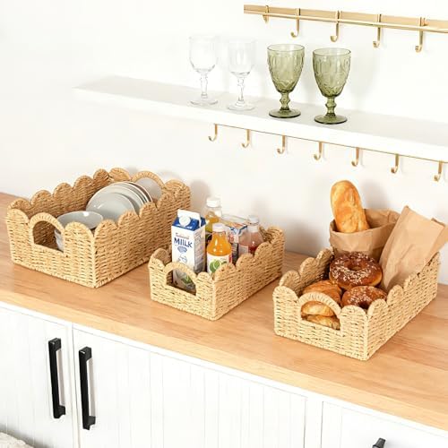 Hand Woven Paper Rope Scalloped Edge Decor Baskets for Home,Living Room, Bedroom,Storage over Above Behind Flush Tank,To