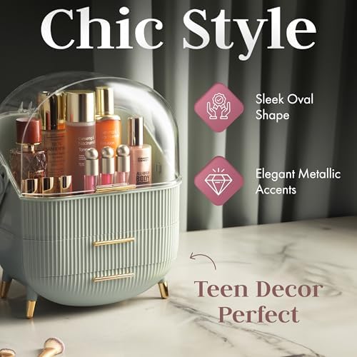 Covered Makeup Cosmetic Countertop - Large Cosmetic Organizer - Trendy Oval Shape Storage for Skin Care Organizer - Clea