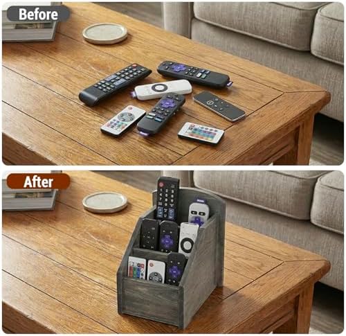 MyGift Rustic Gray Wood Remote Control Holder, 3 Compartment Caddy