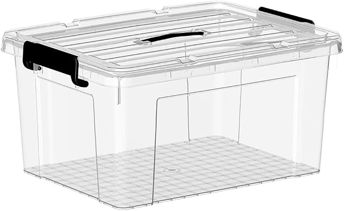 Cetomo Lidded Storage Bin with Handle, Tote Organizing Container with Durable Lid and Secure Latching Buckles, Stackable and Nestable, Plastic, 50 Quart-6 Pack, Clear