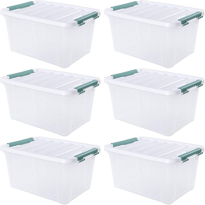 Xyskin 20 Quart Clear Plastic Storage Boxes with Latching Lids, 6-Pack | Stackable Container Bin for Closet, Pantry, Kitchen, Garage and Dorm Organization, Clear Storage Box witth Green Secure Latch