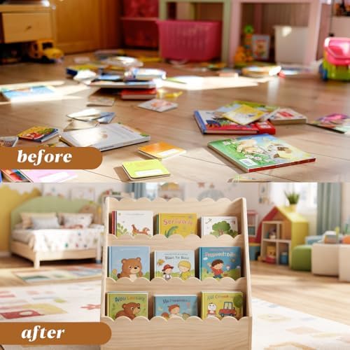 Bookcases Scalloped Book Shelf for Kids 3-Tier Wooden Bookshelf Montessori Style Display Shelf Durable Bookcase Book Org