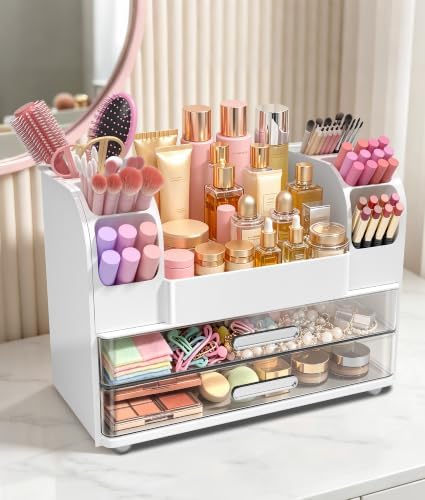 Hanyi Makeup Organizer for Vanity,Countertop Cosmetic Organizer with 2 Clear Drawers & 6 Brush Holders,Large ABS Makeup 