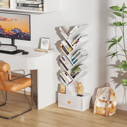 SHEEPAM 8-Tier Tree Bookshelf Floor Standing Storage Bookcase with Drawer