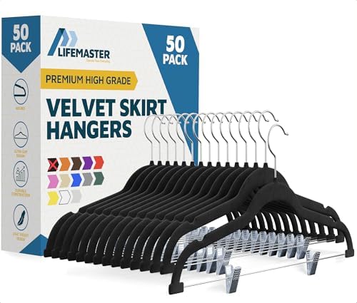Lifemaster Velvet Skirt Hangers – with Adjustable Clips, 360 Degree Swivel Hook, and Non-Slip Shoulder Notch, Holds Up to 10 lbs, for Organizing Skirt, Pants, Dress, and Clothes, Pack of 50, Black