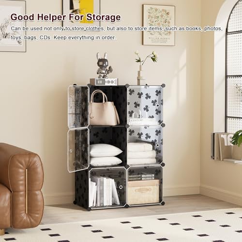 C&AHOME Clover Embossed Storage Organizer with Doors 6-Cube Shelf Black
