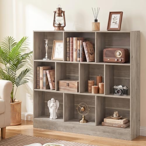 YAHARBO 3 Tier 10 Cube Long Horizontal Bookshelf, Under Window Shelf,Grey