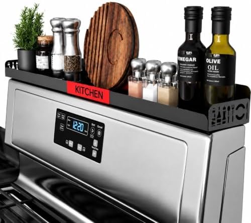 30" Magnetic Stove Top Shelf – Black Spice Rack with Red KITCHEN Design – Seasoning Organizer for Back of Stove – Over S