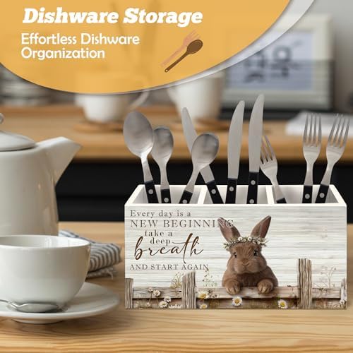 Motivational Bunny Pen Holder Organizer for Desk Accessories, Bunny Gifts for Women Girls, Farmhouse Daisy Floral Easter Rabbit Wooden Box Sign Desk Decorations for Home Office Decor