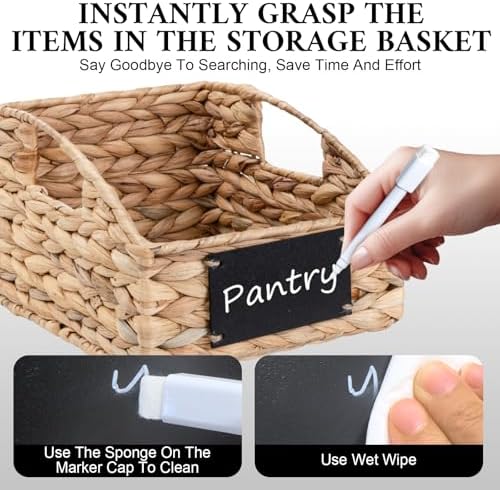 Hand-Woven Pantry Baskets for Organizing, Large Wicker Storage Baskets for Shelves with Labels, 2 Chalk Markers & Handle