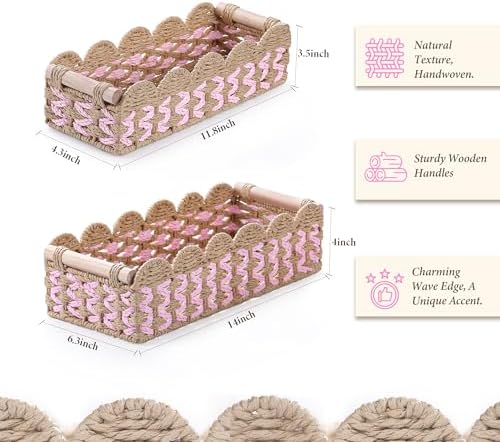 Set of 2 Paper Rope Scalloped Baskets with Wooden Handles