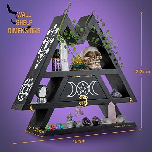Pracaniz Crystal Shelf with Flap Drawer&Hooks for Wall&Desktop, Crystal Holder as Witchy Room Decor,Moon Phase Triangle 