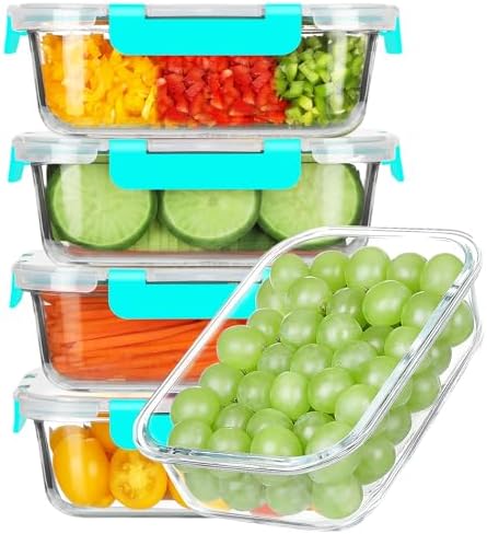 BAYZZ 5 Pack 35 Oz Glass Food Storage Containers with Lids, Green