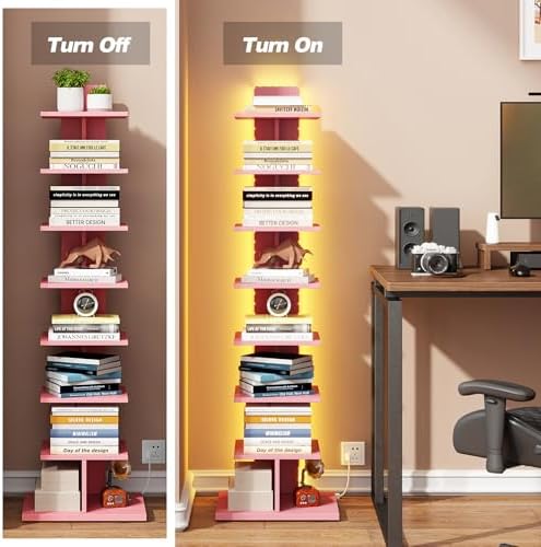 TUTOTAK Book Shelf, Narrow Spine Bookshelf, 8-Tier Bookcase with LED Lights