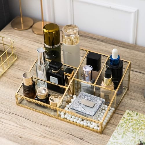 Vintage Gold Makeup Organizer - Glass Makeup Organizer Countertop Organizer for Make-Up Brushes Vanity, Tabletop Organiz