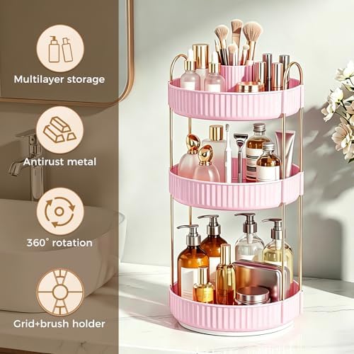 360° Rotating Makeup Organizer, Upgraded 3 Tier Skincare Perfume Organizers for Women, Bathroom Organizer Countertop, Cl