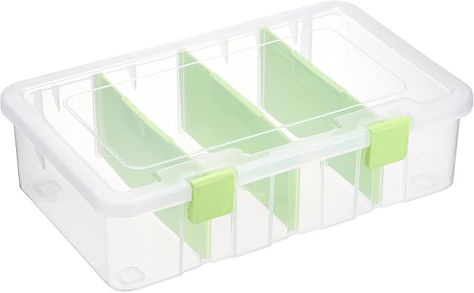 BTSKY Clear Plastic Dividing Storage Box with 4 Compartments Adjustable Storage Bin with Lid Plastic Craft Storage Container Multipurpose Sewing Box Art Supply Organizer, 13.3x8.1x3.4 Inches, Green
