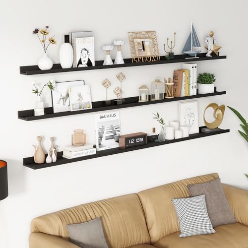 Axeman Picture Ledge Shelf, 72 Inch Black Floating Shelves Set of 3
