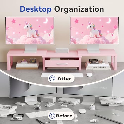 Desk Organizers and Accessories, Dual Monitor Stand Riser with Drawer, Computer Monitor Stand, Adjustable Desk Shelf for