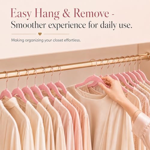 Smartor Pink Velvet Hangers 50 Pack, Non Slip Rose Gold Hook Felt Hangers