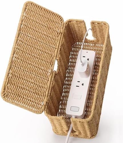 ZhiYo Rattan Cable Management Box, Brown Cord Organizer, 12.5" x 5" x 5.2"