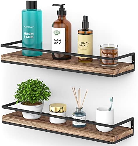 Meangood Floating Shelves Wall Mounted Set of 2, Rustic Wood Wall Storage Shelves for Bedroom,Living Room,Bathroom, Kitc