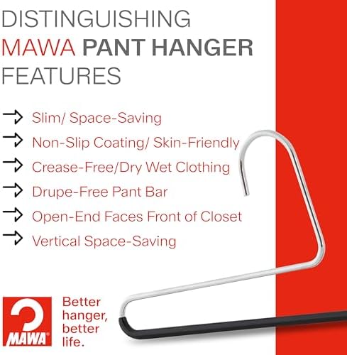 Mawa by Reston Lloyd Reverse Hook Trouser Series Non-Slip Space-Saving Clothes Hanger with Single Rod for Pants, Style KH/35U, Set of 10, Black