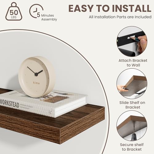 Floating Shelves for Wall,48 Inch Wall Mounted Rustic Wood Shelves,9.3" Deep Wall Shelf with Invisible Brackets,Large De