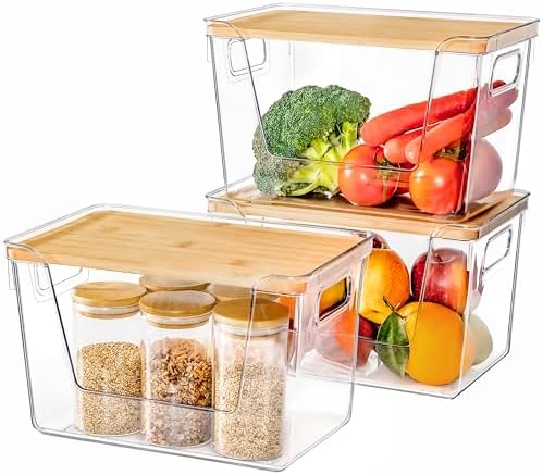Criusia 3 Set Pantry Organizers and Storage with Bamboo Lids, Stackable Clear Bins for Onion, Potato, Fruit, Vegetables,
