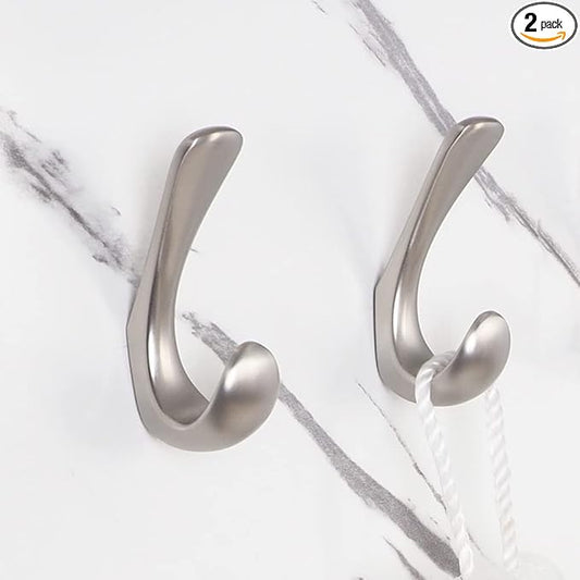 2 Pack Towel Hooks for Bathrooms Wall Mounted, Brushed Nickel Bathroom Hooks for Towels, Robe & Towel Hook for Wall, Modern Bath Towel Hook