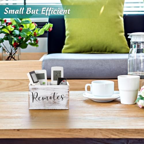 DRASTAR Remote Control Holder, Retro White TV Remote Holder, Remote Organizer Caddy for Table, Wooden Remote Box for Nightstand, Remote Caddy with 2 Slots
