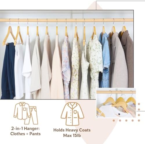 Wooden Hangers, 30 Pack Slim Wood Coat Hangers with Extra Smooth Finish, Precisely Cut Notches and Chrome Swivel Hook, Wooden Clothes Hangers for Shirt Suit Jacket Dress, Natural