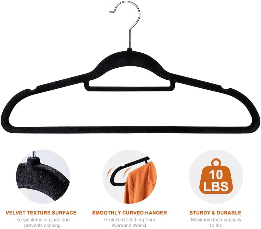 SUPER DEAL Velvet Hangers 100 Pack, Non-Slip Clothes Hangers with Tie Bar and Shoulder Notched Premium 360 Degree Swivel Hook for Coat Suit Pants Dress Closet Space Saving, Black
