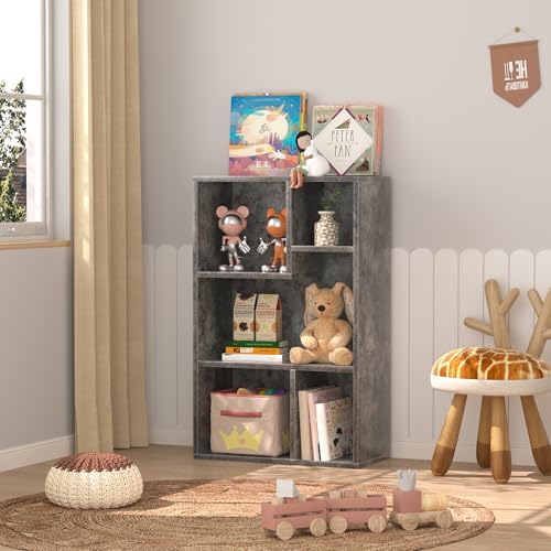 VECELO Wide Kids Staggered 5-Cube Bookshelf, Extra Large Freestanding Open Storage Organizer with Multi-Size Compartment