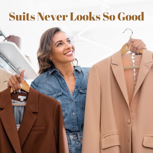 HOUSE DAY Wooden Suit Hangers 6 Pack，Heavy Duty Wide Shoulder Wooden Hangers, Solid Wood Coat Hanger with Non-Slip Pant Bar for Petite Adults, Teens and Small Suits, Coats, Jackets (Natural，16.5'')