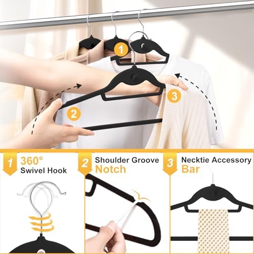 Velvet Felt Stackable Hangers 50 Pack, Thin & Space Saving, Black