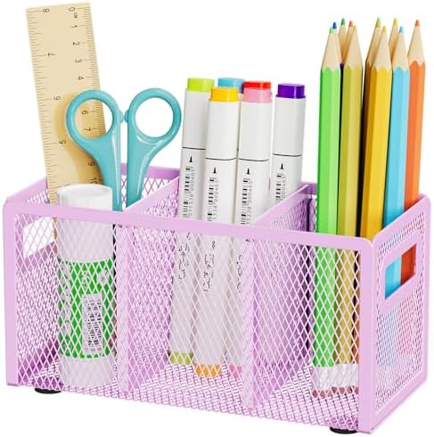 Marbrasse Mesh Pen Holder for Desk, Pencil Holder Desk Organizer 3 Adjustable Compartments, Pencil Cup with Handle Perfect for Classroom, Office, Home, Makeup, Art (Purple)