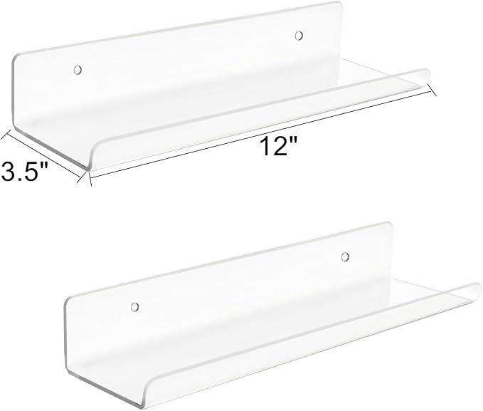 ROYALITA 2-Pack Small Acrylic Shelves Wall Mounted, 12 in Display Shelves | for Small Items, Plants, Room Decor Floating Wall Shelves for Gaming Room, Bedroom, Living Room, Office, Clear