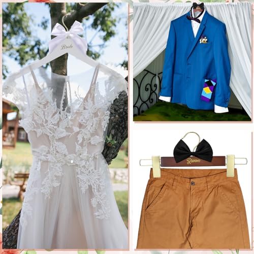 Beeveer 3 Pcs Groom and Bride Wooden Hanger with Clips, Bow, Brown, White