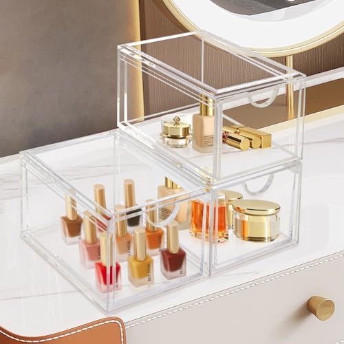AMEITECH 2 Pack Clear Stackable Storage Drawer, Bathroom Makeup Organizer, Plastic Storage Bins, Acrylic Organization an