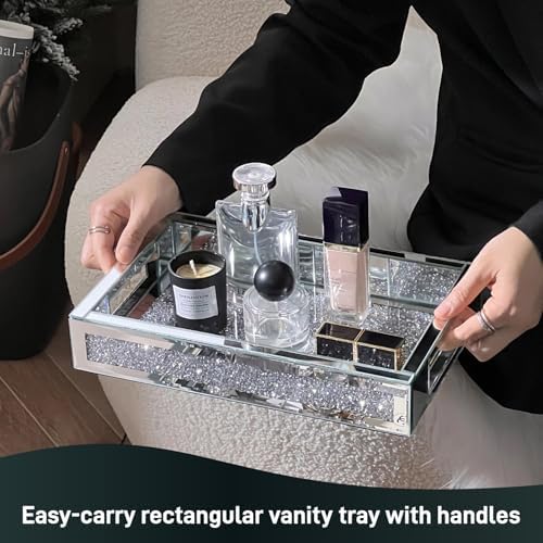 Rectangle Glass Tray with Handles for Dresser, Mirror Makeup Organizer Perfume Display, Crushed Diamond Home Decor Accen