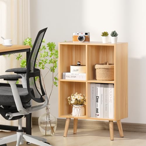 LEYAOYAO 4 Cube Bookshelf, 2-Tier Bookcase with Legs, Natural Kids Book Shelf Cute Storage Organizer, Free Standing Open